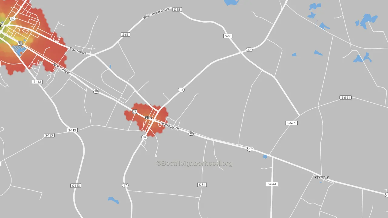 Walk Grade map of 29826, SC, walkable areas in green and car-dependent areas in red