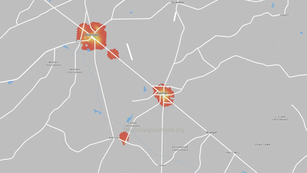 Walk Grade map of 29827, SC, walkable areas in green and car-dependent areas in red