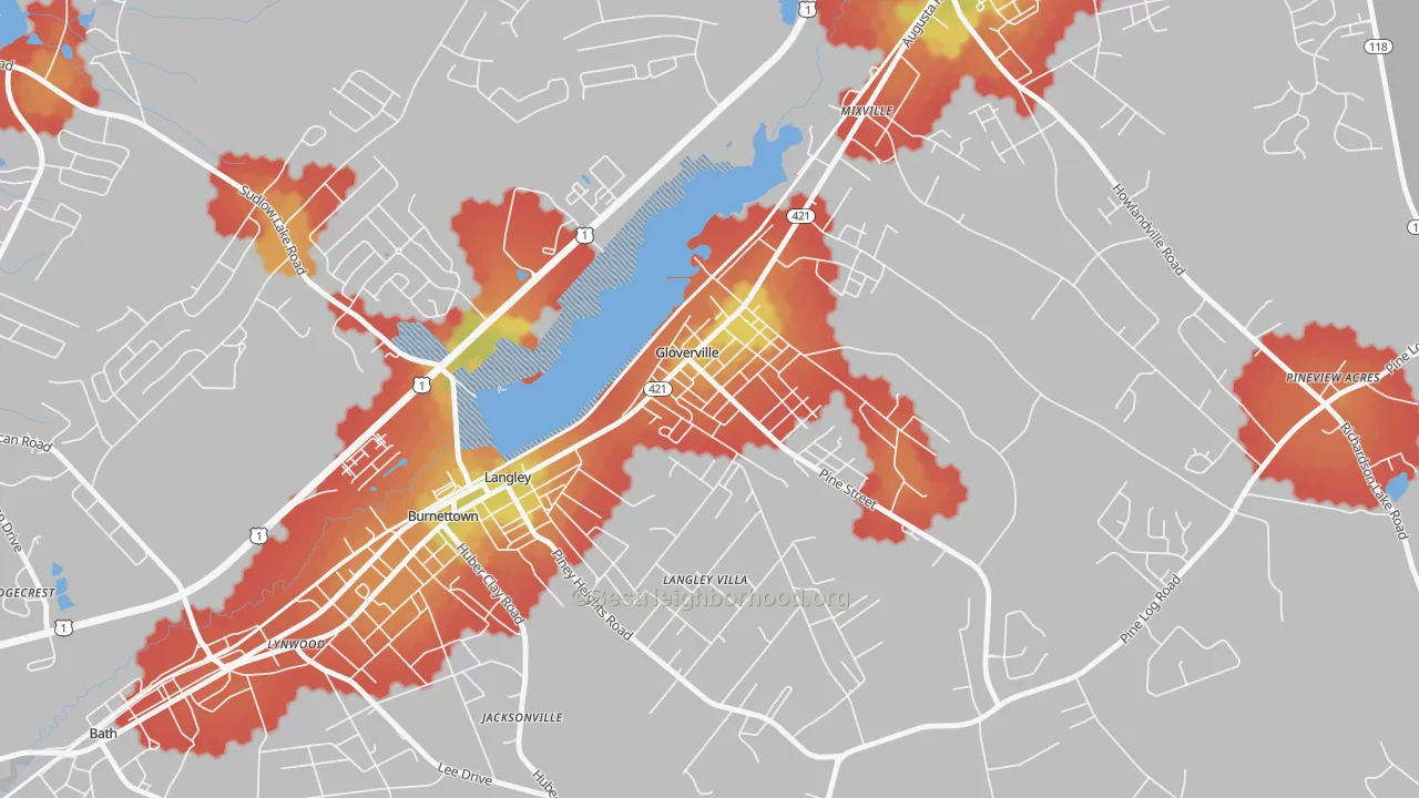 Walk Grade map of 29828, SC, walkable areas in green and car-dependent areas in red