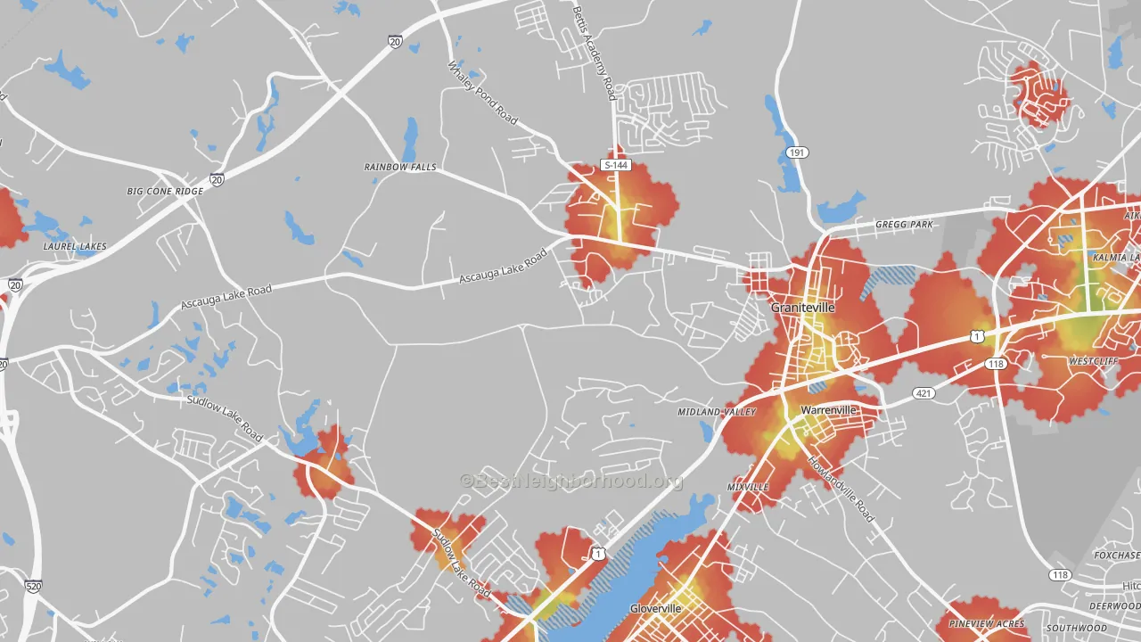 Walk Grade map of 29829, SC, walkable areas in green and car-dependent areas in red