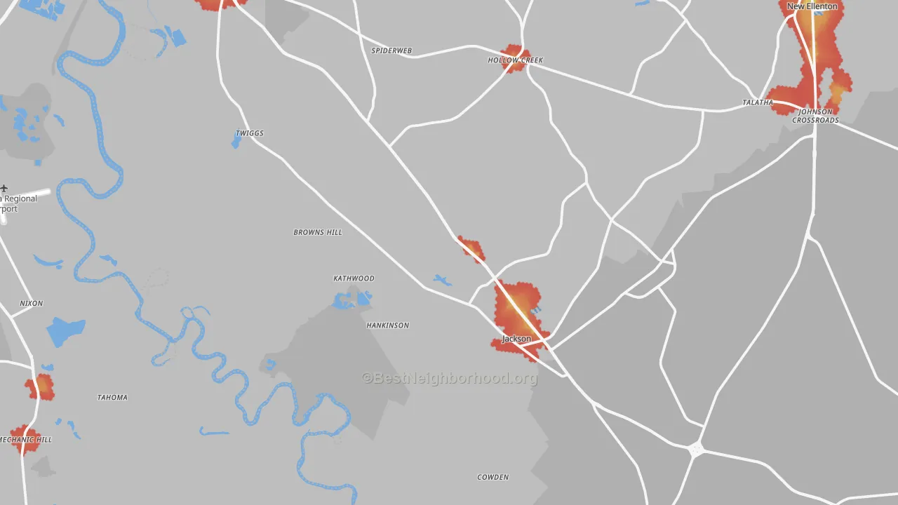 Walk Grade map of 29831, SC, walkable areas in green and car-dependent areas in red
