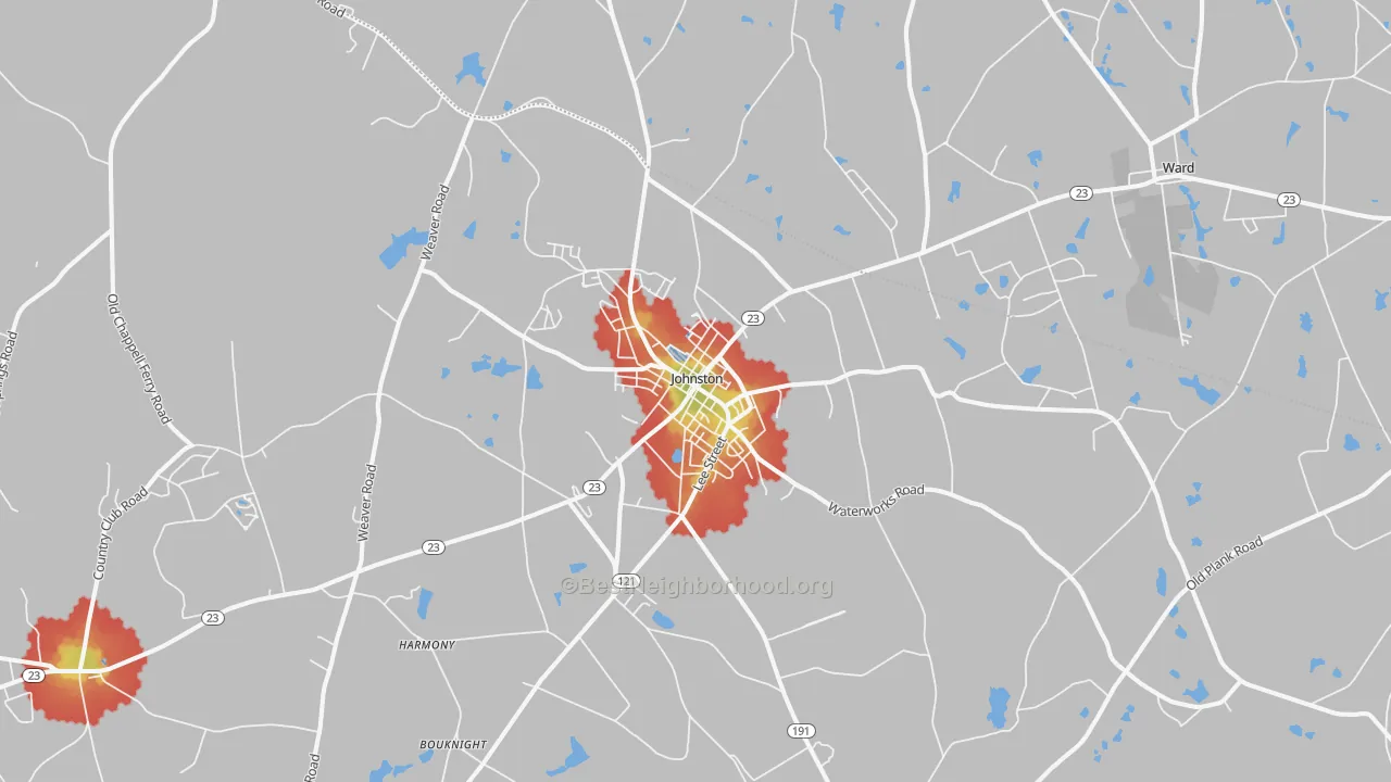 Walk Grade map of 29832, SC, walkable areas in green and car-dependent areas in red