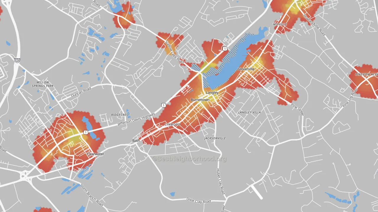 Walk Grade map of 29834, SC, walkable areas in green and car-dependent areas in red