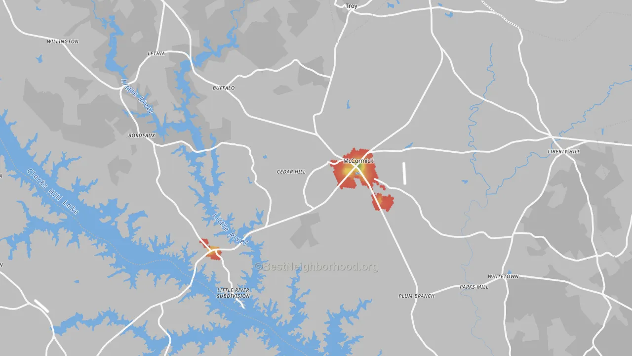 Walk Grade map of 29835, SC, walkable areas in green and car-dependent areas in red