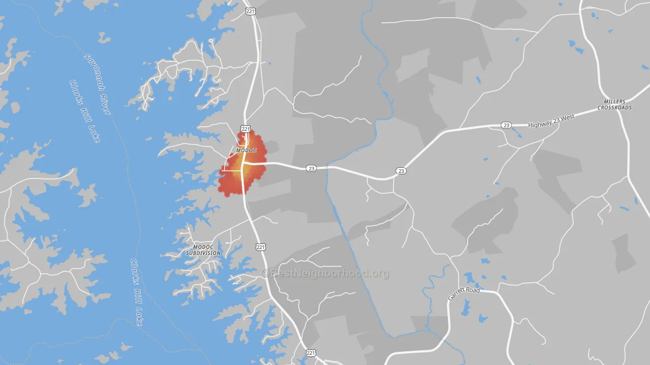 Walk Grade map of 29838, SC, walkable areas in green and car-dependent areas in red