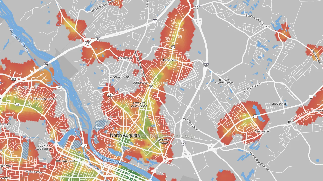 Walk Grade map of 29841, SC, walkable areas in green and car-dependent areas in red