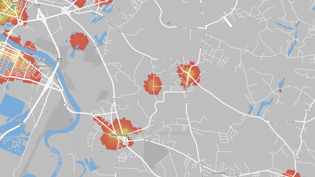 Walk Grade map of 29842, SC, walkable areas in green and car-dependent areas in red