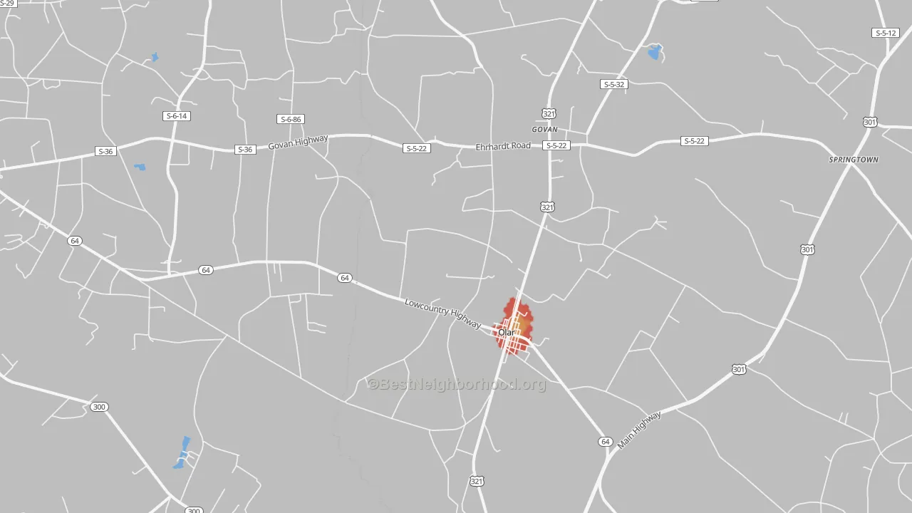 Walk Grade map of 29843, SC, walkable areas in green and car-dependent areas in red