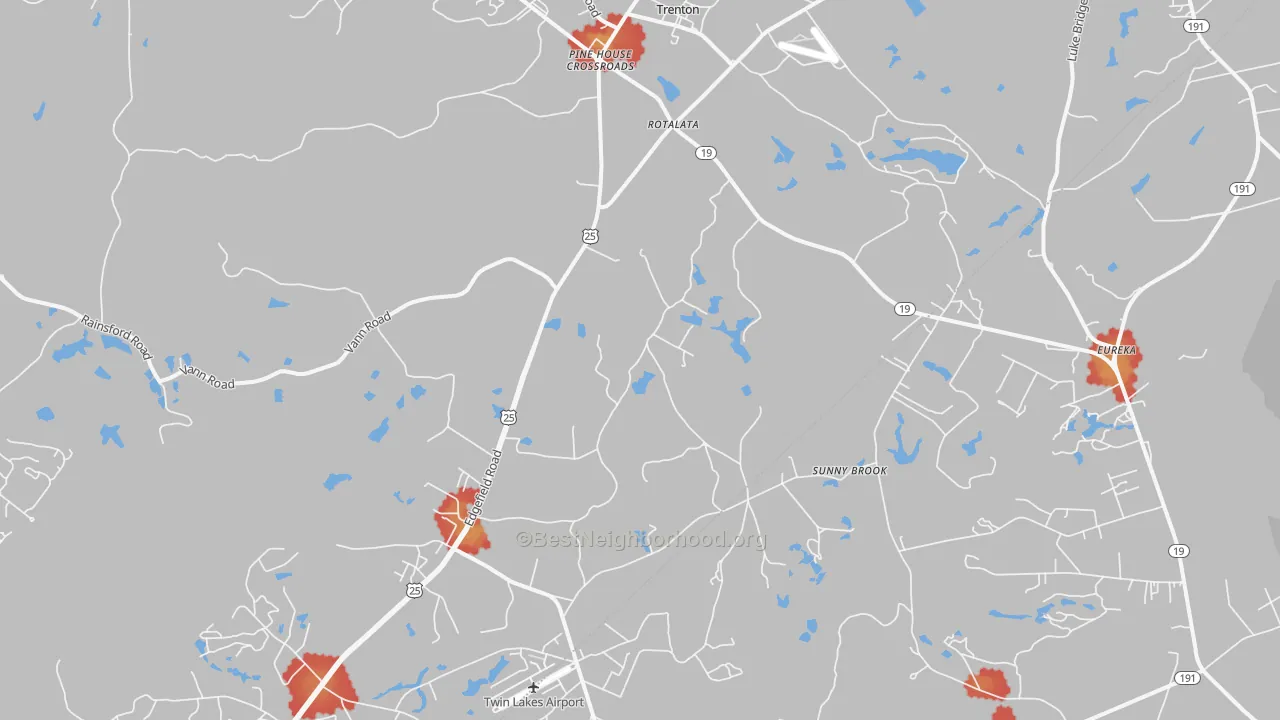 Walk Grade map of 29847, SC, walkable areas in green and car-dependent areas in red