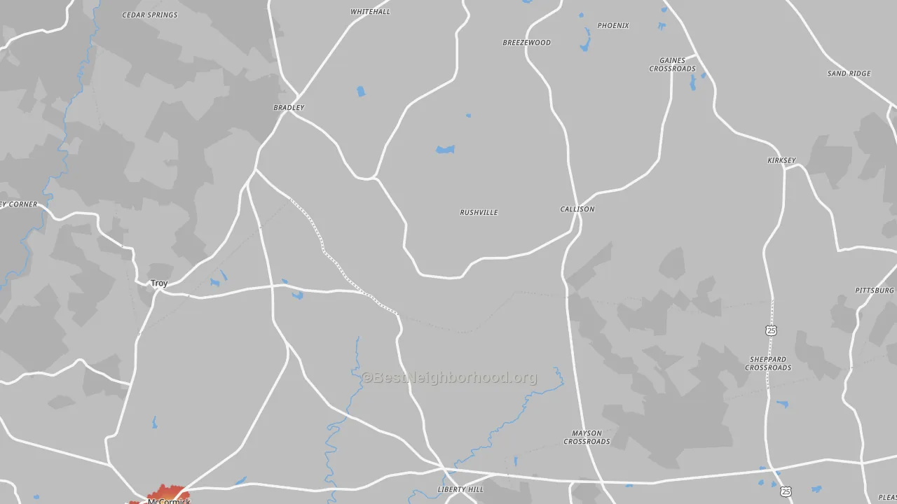 Walk Grade map of 29848, SC, walkable areas in green and car-dependent areas in red