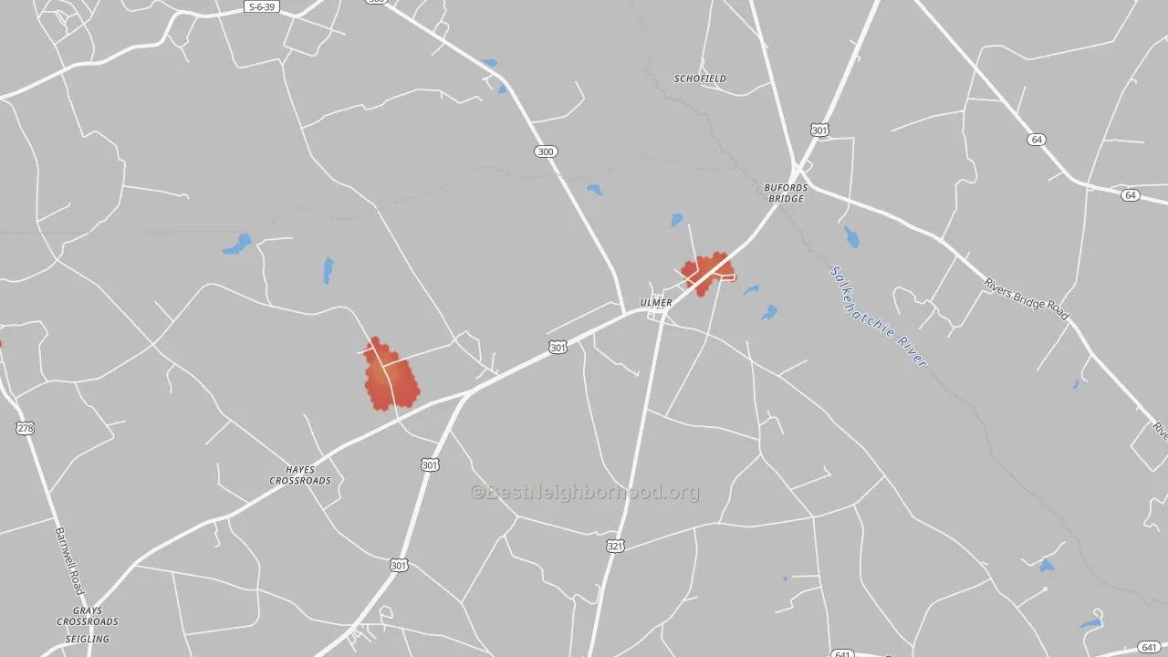 Walk Grade map of 29849, SC, walkable areas in green and car-dependent areas in red