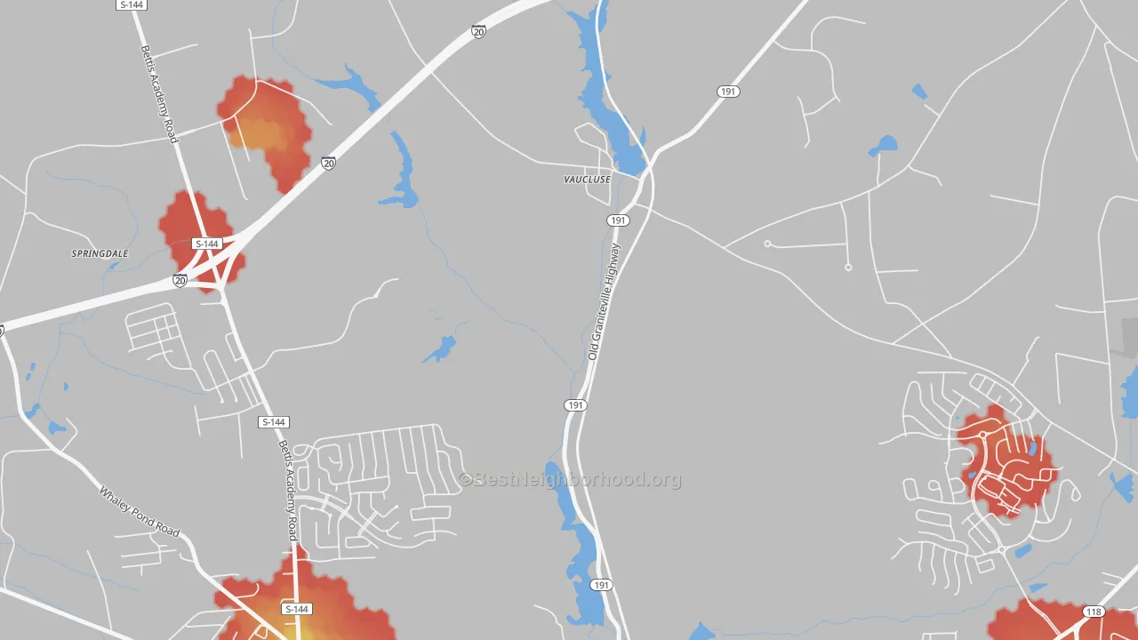 Walk Grade map of 29850, SC, walkable areas in green and car-dependent areas in red
