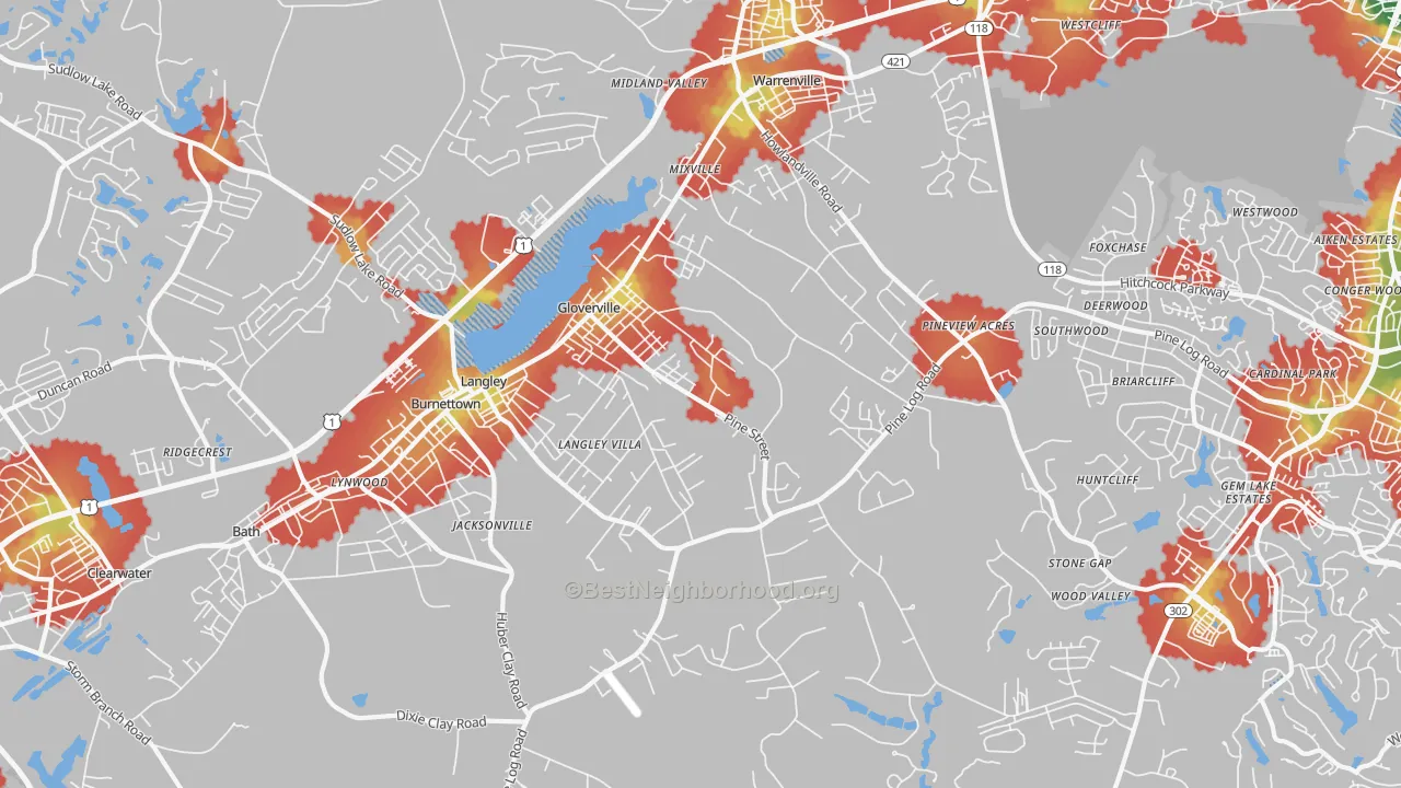 Walk Grade map of 29851, SC, walkable areas in green and car-dependent areas in red