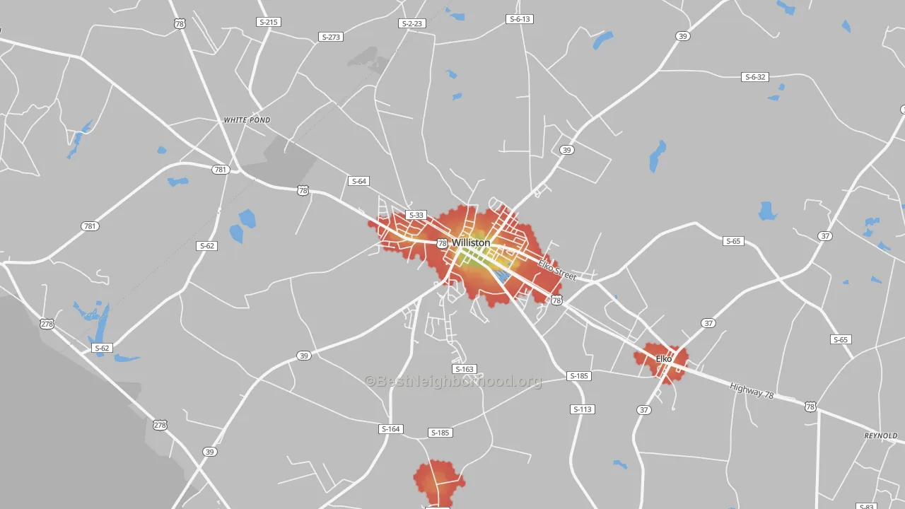 Walk Grade map of 29853, SC, walkable areas in green and car-dependent areas in red