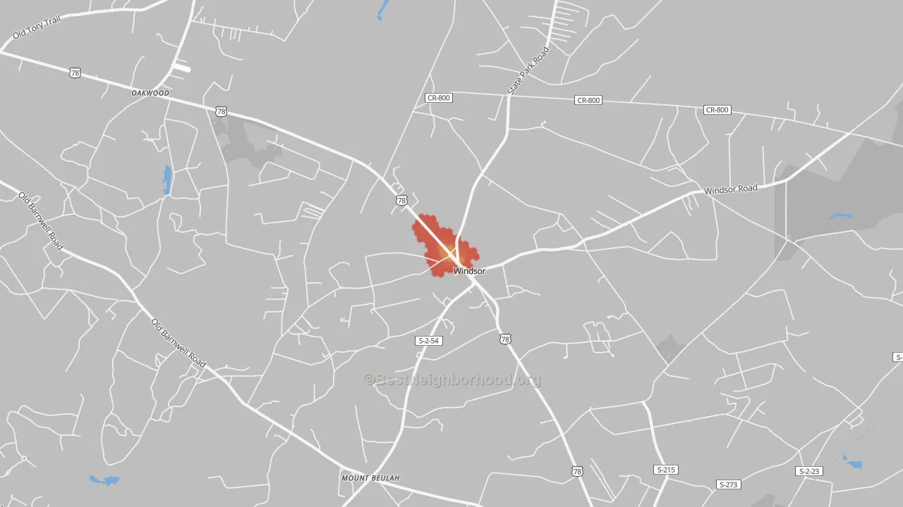 Walk Grade map of 29856, SC, walkable areas in green and car-dependent areas in red