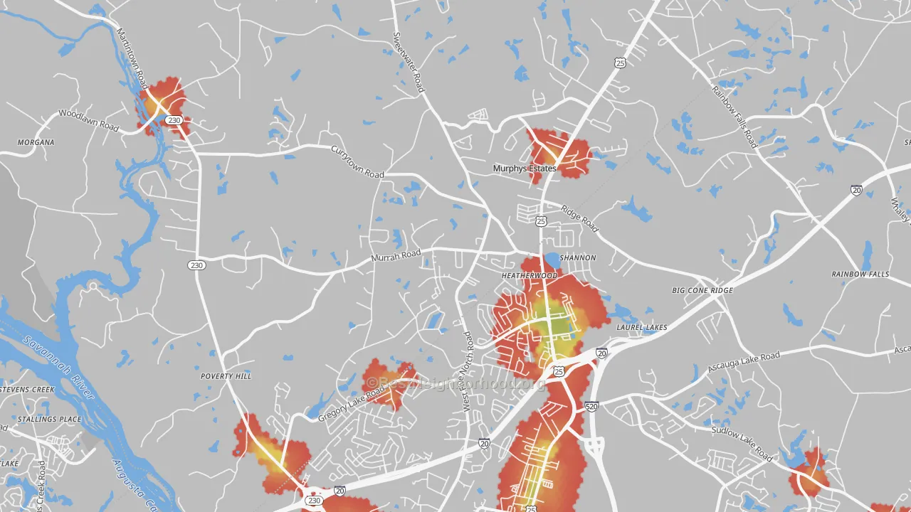 Walk Grade map of 29860, SC, walkable areas in green and car-dependent areas in red