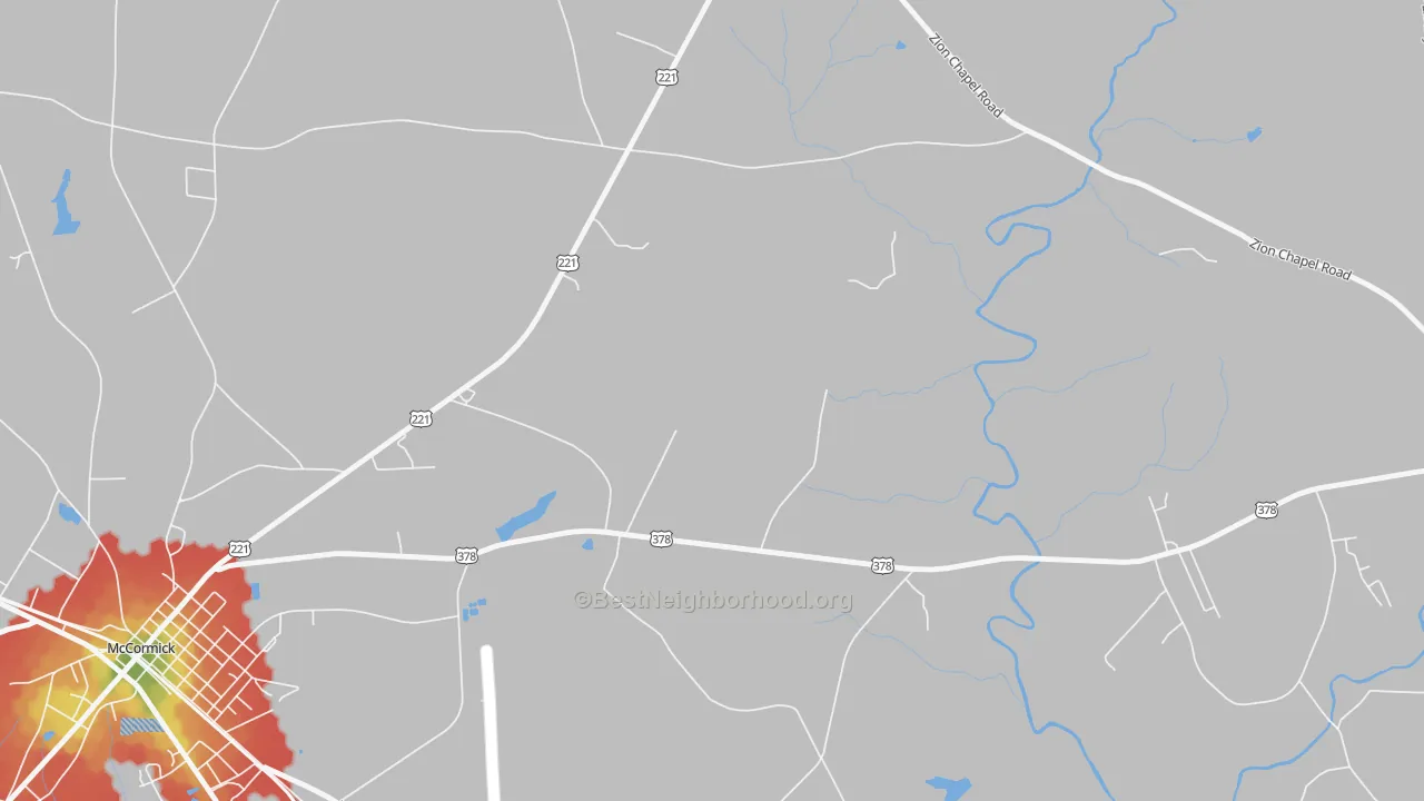 Walk Grade map of 29899, SC, walkable areas in green and car-dependent areas in red