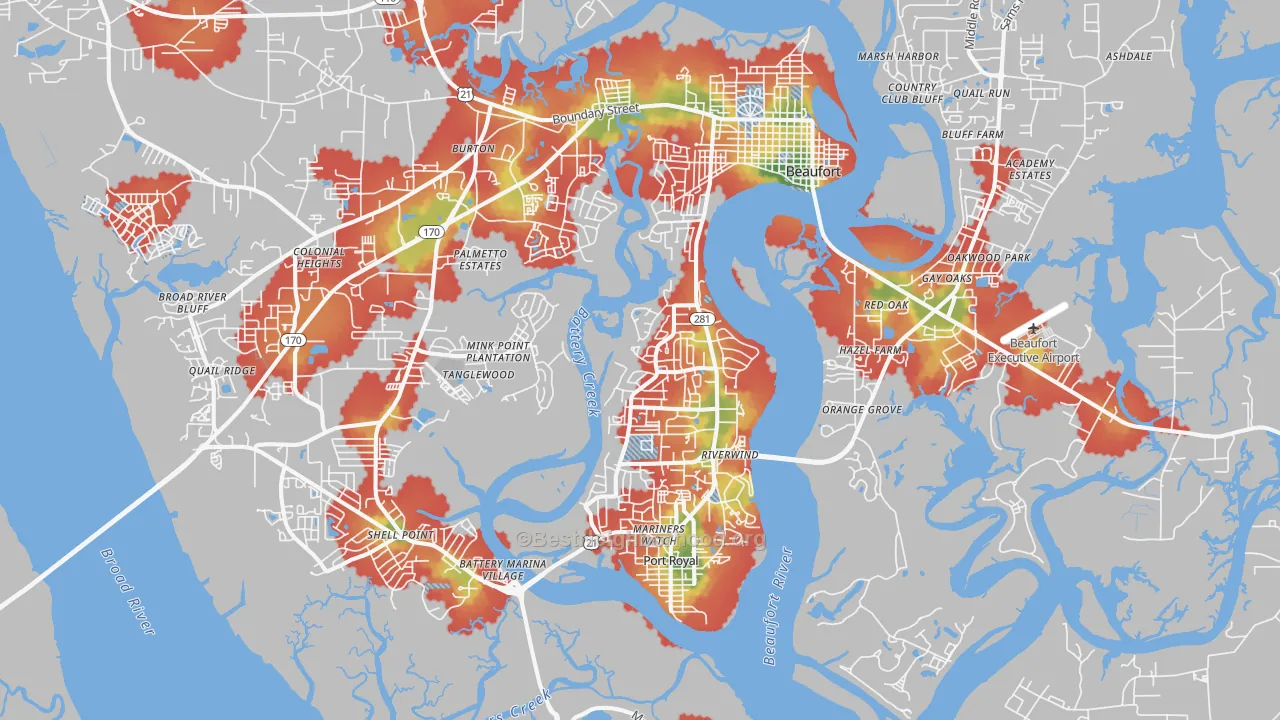 Walk Grade map of 29902, SC, walkable areas in green and car-dependent areas in red