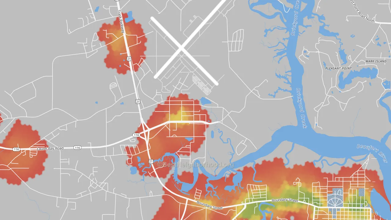 Walk Grade map of 29904, SC, walkable areas in green and car-dependent areas in red