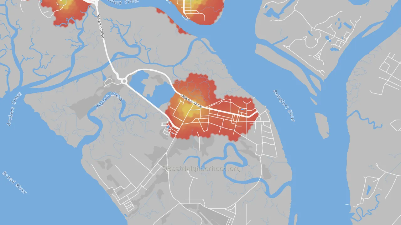 Walk Grade map of 29905, SC, walkable areas in green and car-dependent areas in red