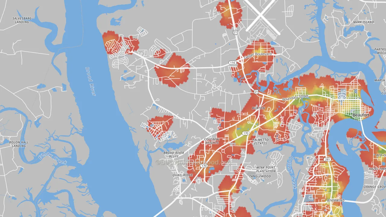Walk Grade map of 29906, SC, walkable areas in green and car-dependent areas in red