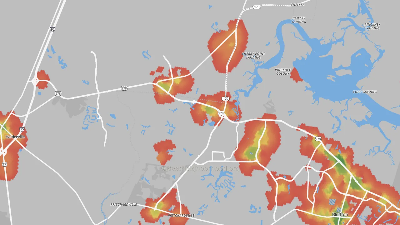 Walk Grade map of 29909, SC, walkable areas in green and car-dependent areas in red
