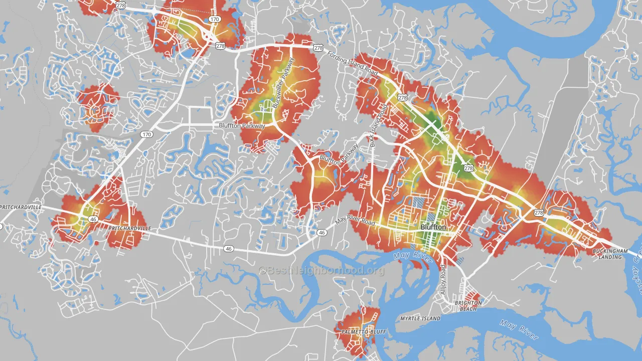 Walk Grade map of 29910, SC, walkable areas in green and car-dependent areas in red