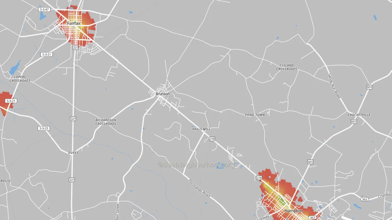 Walk Grade map of 29911, SC, walkable areas in green and car-dependent areas in red