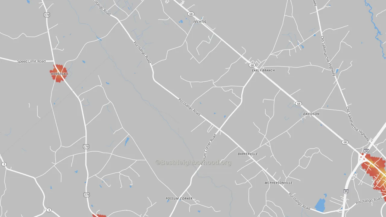 Walk Grade map of 29916, SC, walkable areas in green and car-dependent areas in red