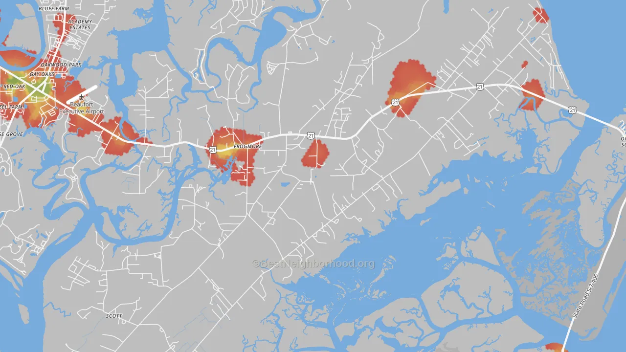 Walk Grade map of 29920, SC, walkable areas in green and car-dependent areas in red
