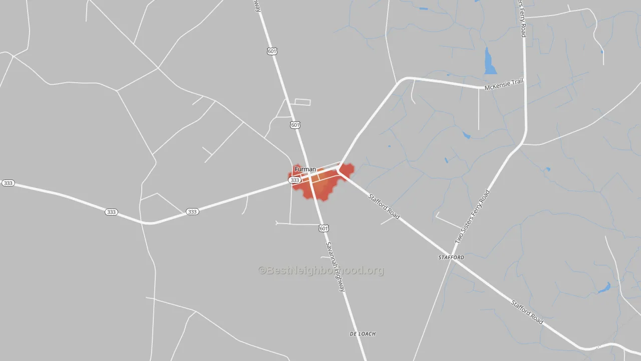 Walk Grade map of 29921, SC, walkable areas in green and car-dependent areas in red