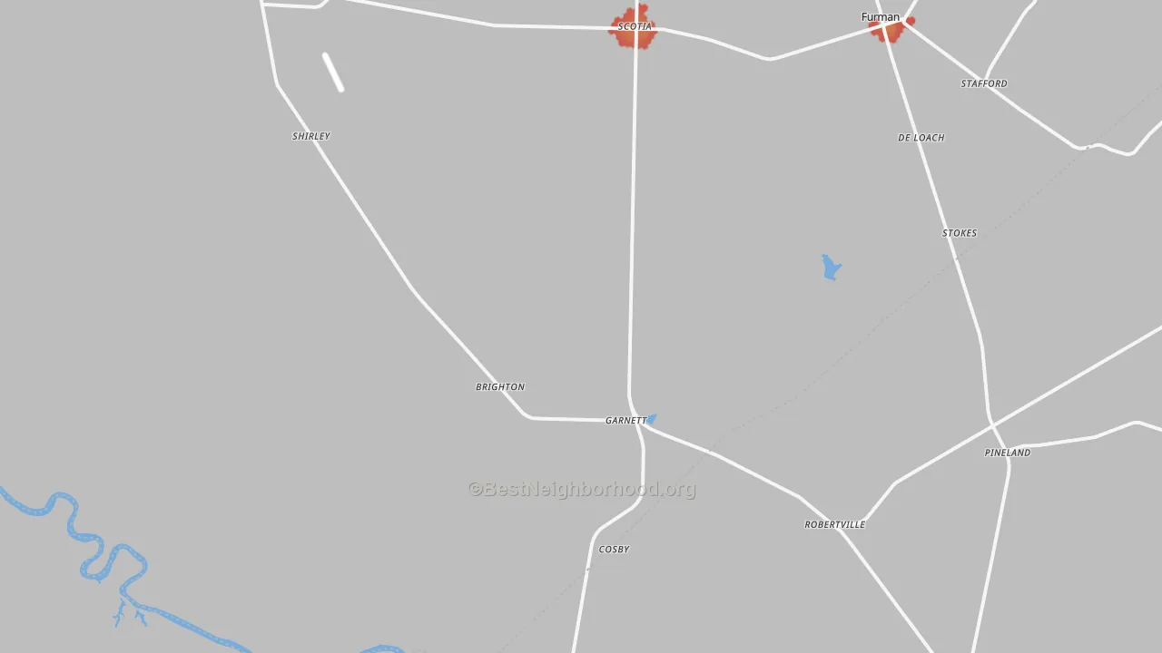 Walk Grade map of 29922, SC, walkable areas in green and car-dependent areas in red