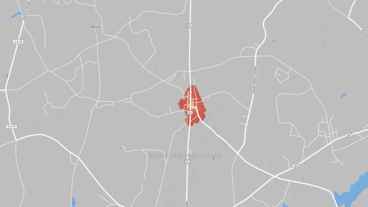 Walk Grade map of 29923, SC, walkable areas in green and car-dependent areas in red