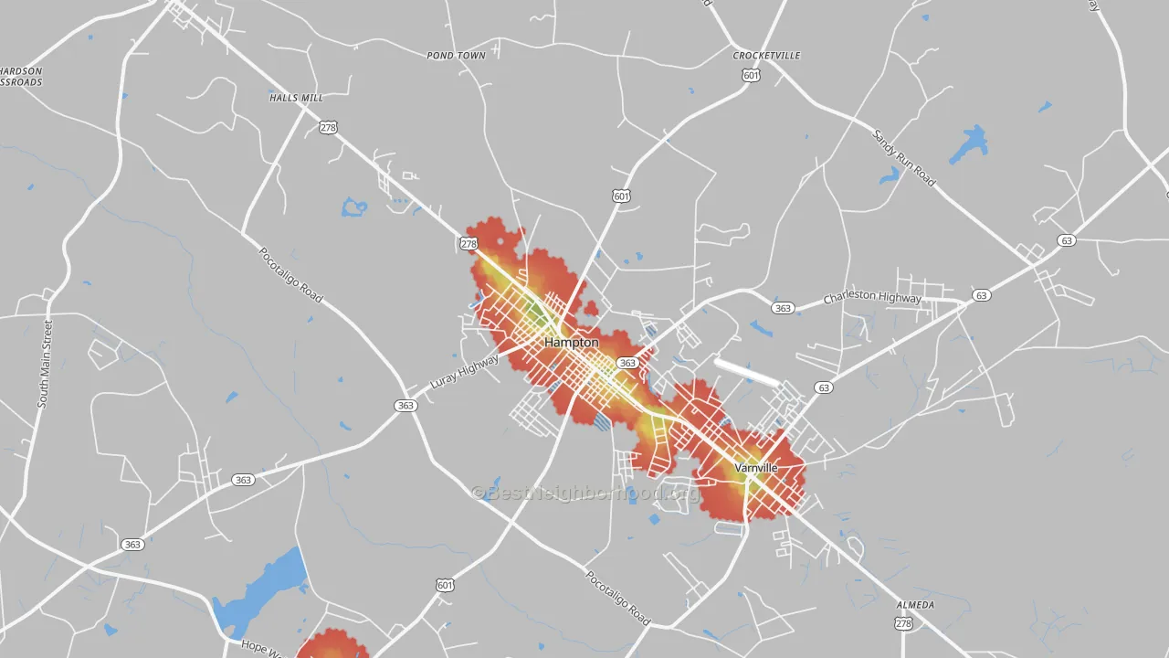 Walk Grade map of 29924, SC, walkable areas in green and car-dependent areas in red