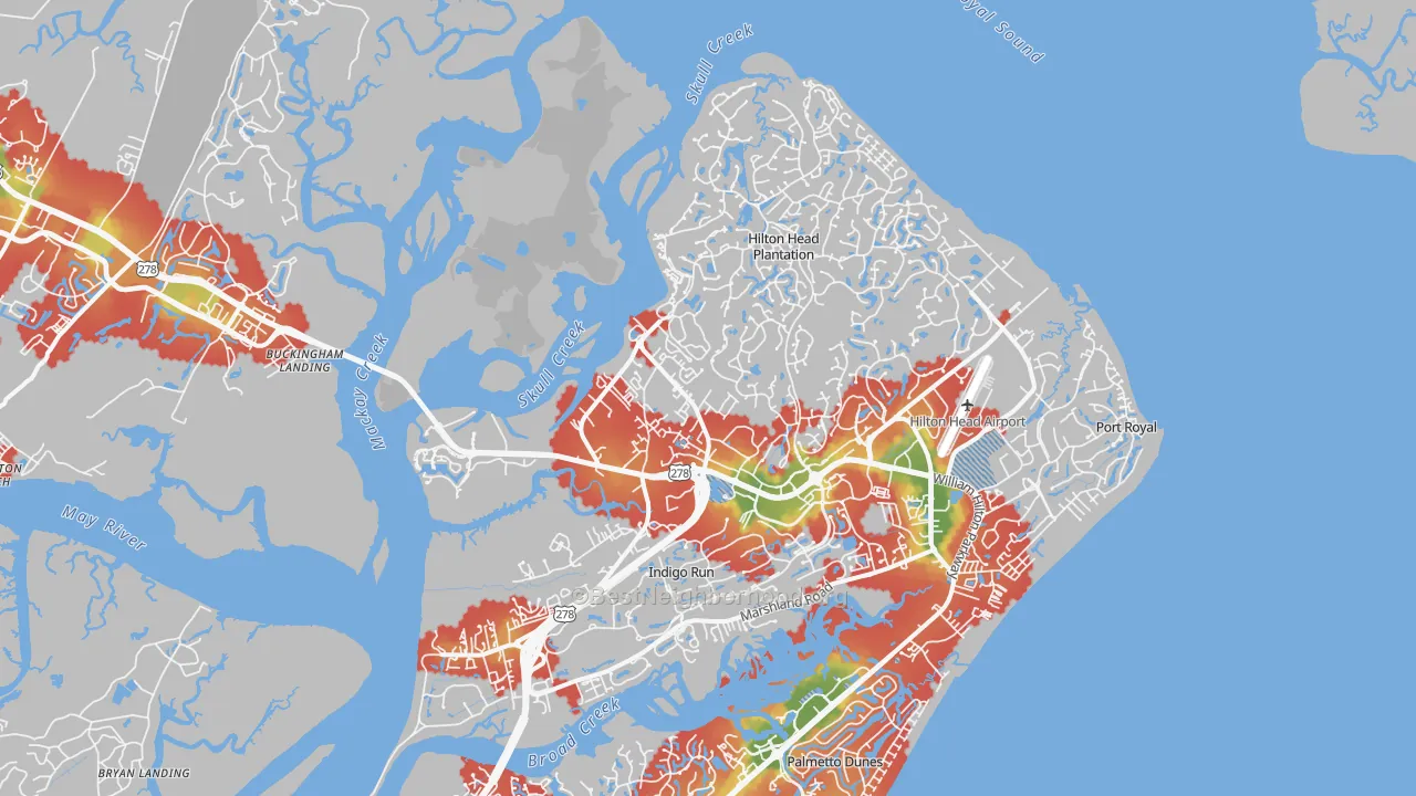 Walk Grade map of 29926, SC, walkable areas in green and car-dependent areas in red