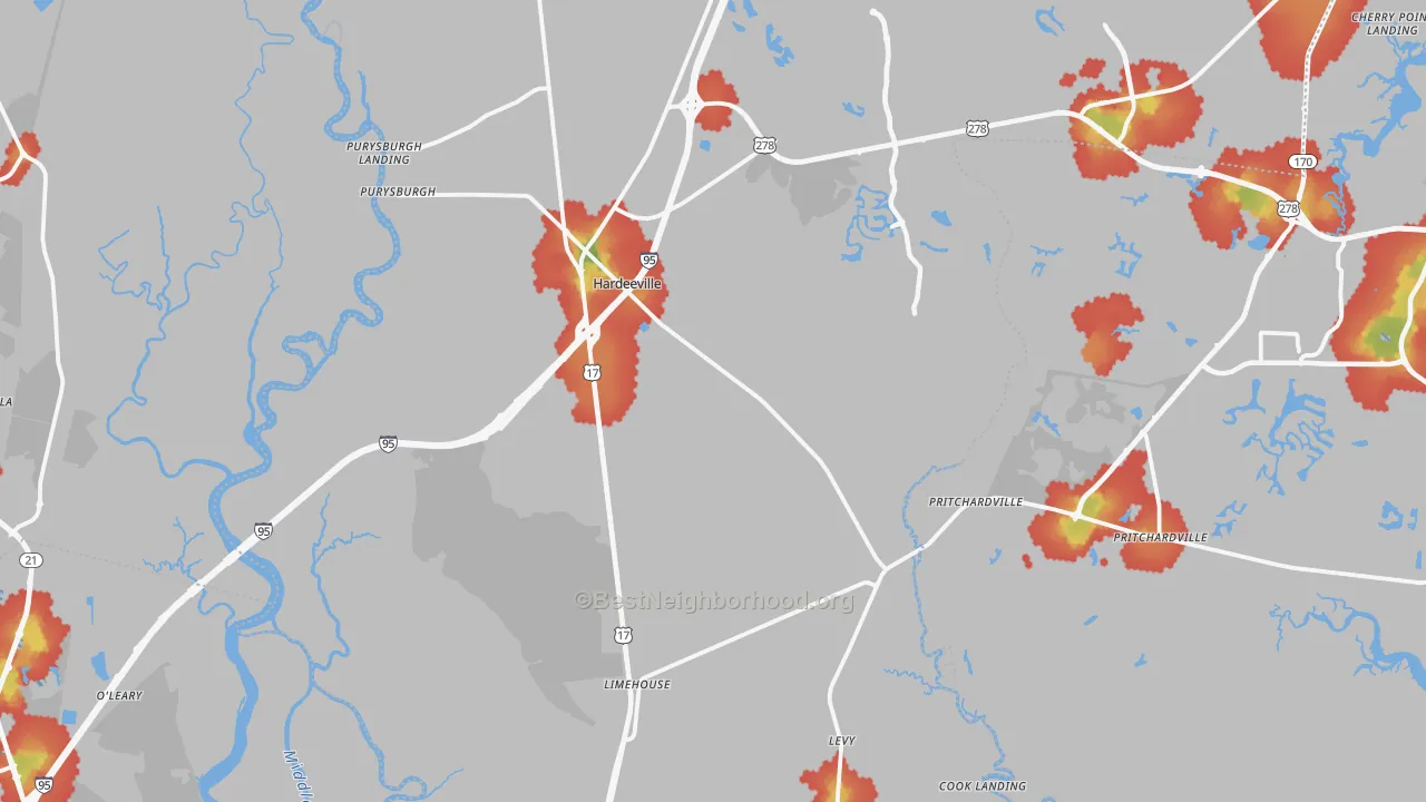 Walk Grade map of 29927, SC, walkable areas in green and car-dependent areas in red