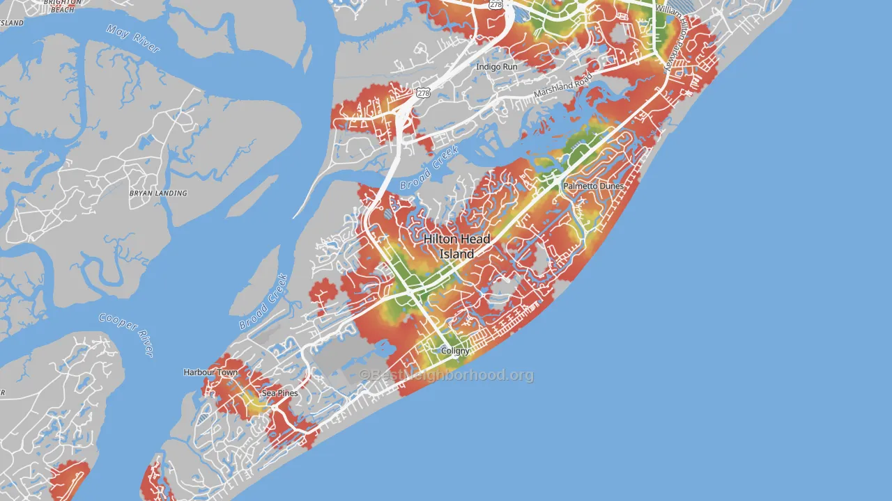 Walk Grade map of 29928, SC, walkable areas in green and car-dependent areas in red