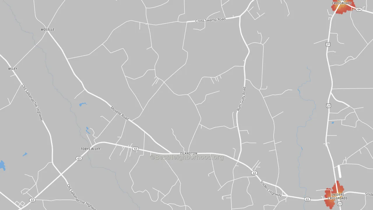 Walk Grade map of 29929, SC, walkable areas in green and car-dependent areas in red