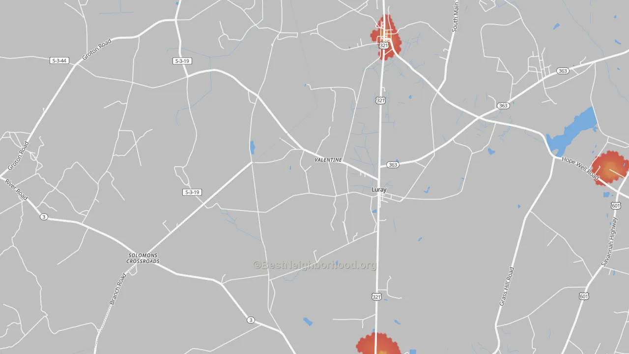 Walk Grade map of 29932, SC, walkable areas in green and car-dependent areas in red