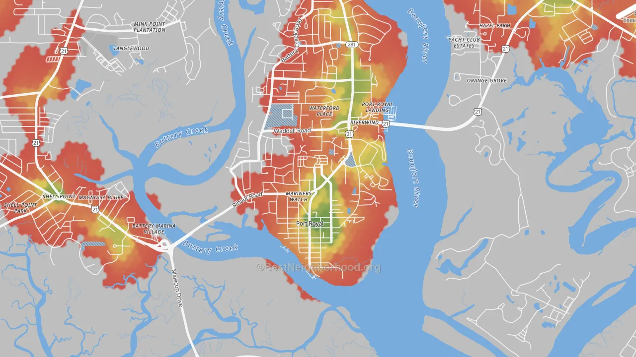 Walk Grade map of 29935, SC, walkable areas in green and car-dependent areas in red