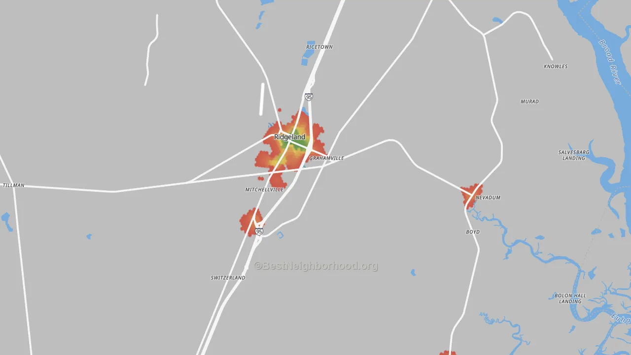 Walk Grade map of 29936, SC, walkable areas in green and car-dependent areas in red