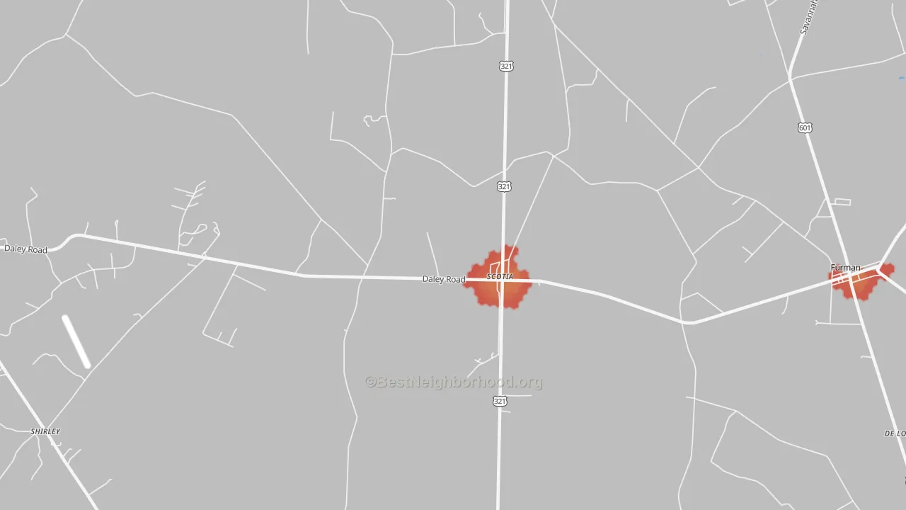Walk Grade map of 29939, SC, walkable areas in green and car-dependent areas in red