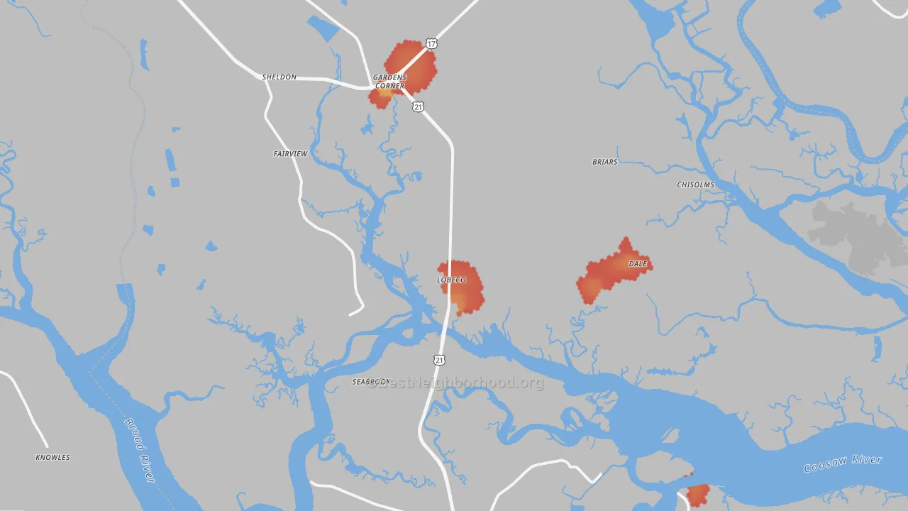 Walk Grade map of 29940, SC, walkable areas in green and car-dependent areas in red