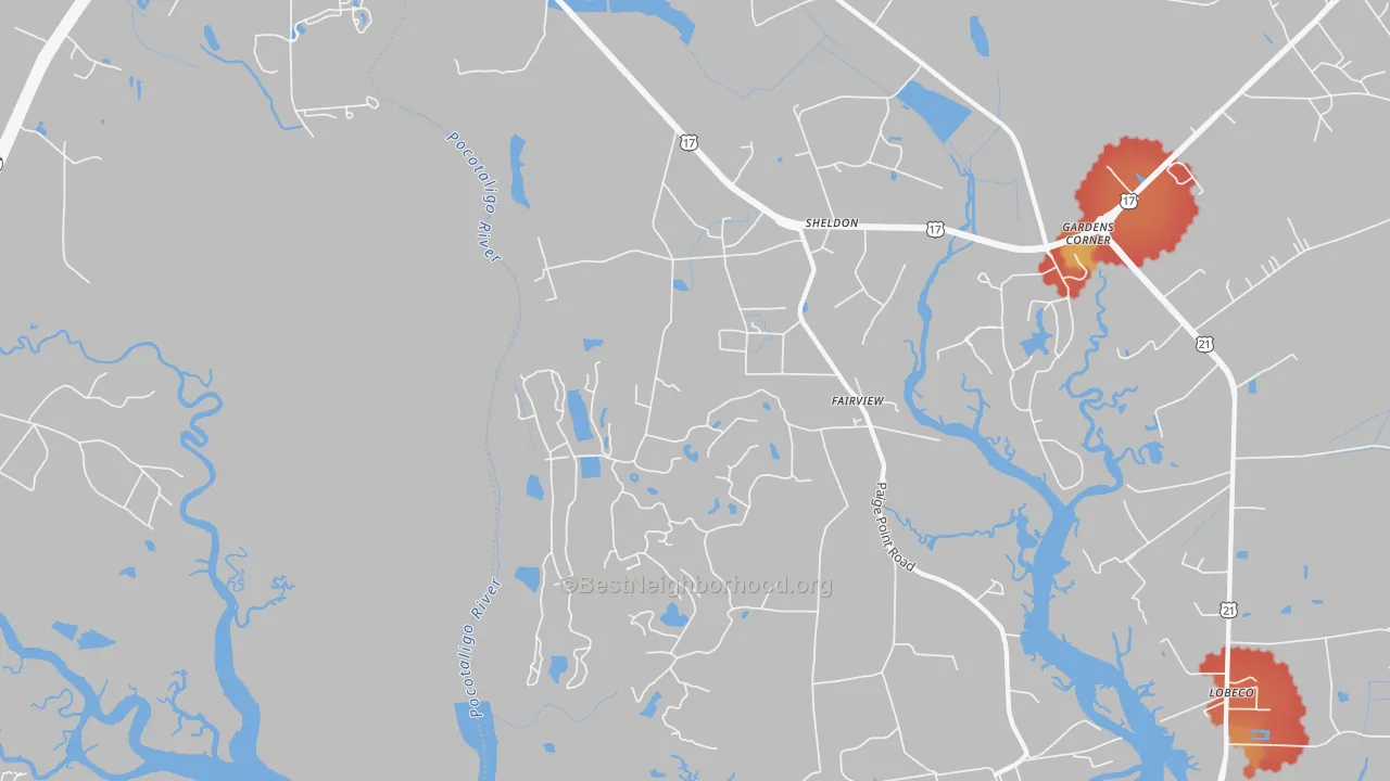 Walk Grade map of 29941, SC, walkable areas in green and car-dependent areas in red