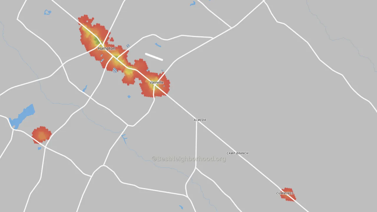 Walk Grade map of 29944, SC, walkable areas in green and car-dependent areas in red