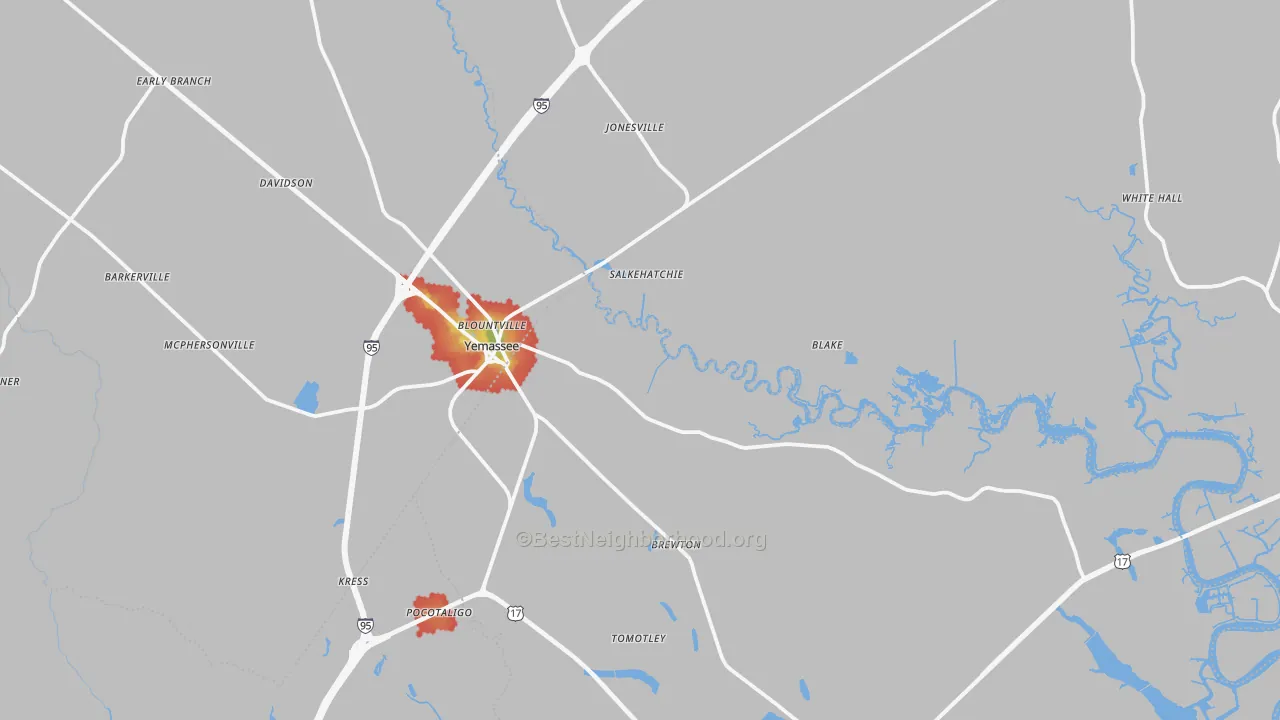 Walk Grade map of 29945, SC, walkable areas in green and car-dependent areas in red