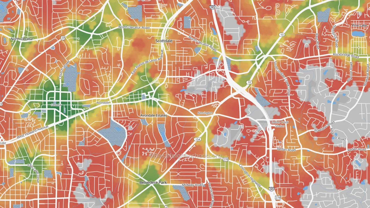 Walk Grade map of 30002, GA, walkable areas in green and car-dependent areas in red