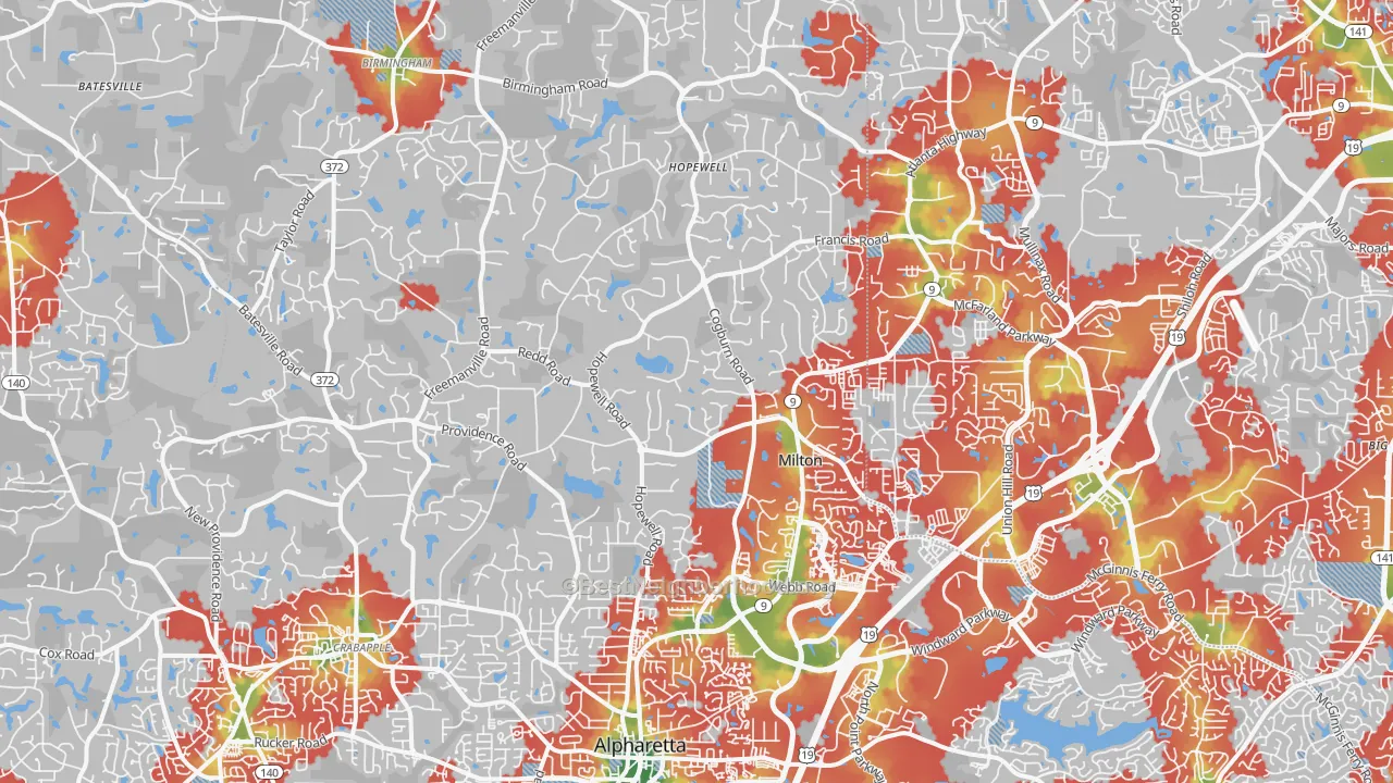 Walk Grade map of 30004, GA, walkable areas in green and car-dependent areas in red