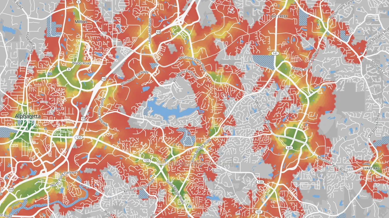 Walk Grade map of 30005, GA, walkable areas in green and car-dependent areas in red