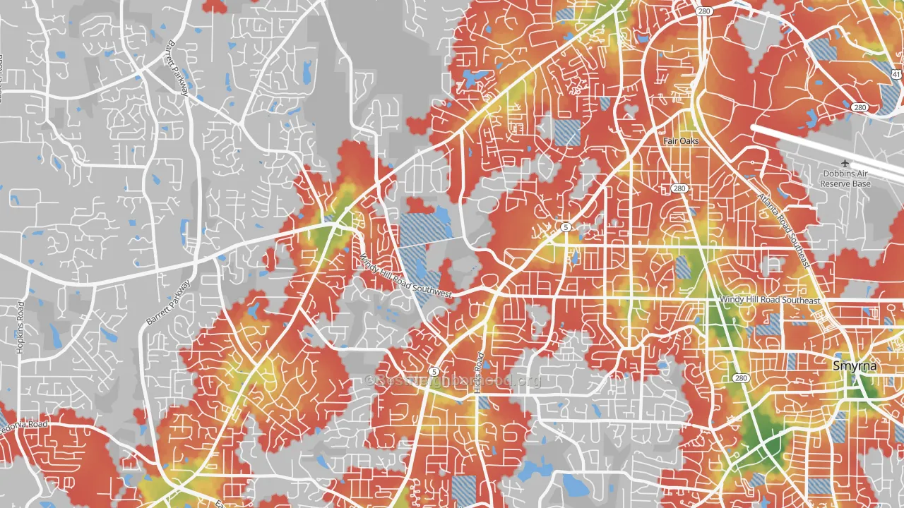 Walk Grade map of 30008, GA, walkable areas in green and car-dependent areas in red